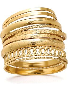 Stackable Gold Bangle Bracelets Set for Women - Multi-Layer Textured Boho